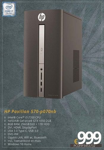 Promoties Hp desktop systemen hp pavilion 570-p070nb - HP - Geldig van 01/07/2018 tot 15/08/2018 bij Compudeals