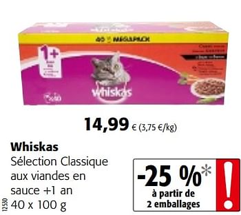 Promotions Whiskas sélection classique aux viandes en sauce - Whiskas - Valide de 04/07/2018 à 17/07/2018 chez Colruyt