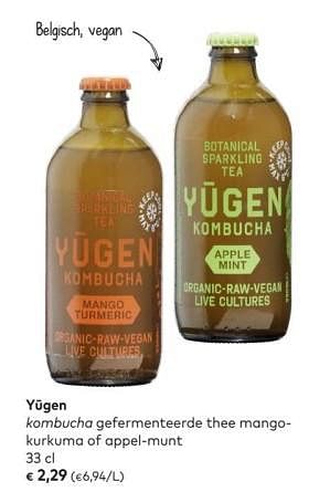 Promoties Yügen kombucha gefermenteerde thee mango- kurkuma of appel-munt - Yügen - Geldig van 04/07/2018 tot 31/07/2018 bij Bioplanet