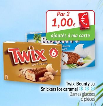 Promotions Twix, bounty ou snickers ice caramel barres glacées - Produit maison - Intermarche - Valide de 01/07/2018 à 31/07/2018 chez Intermarche