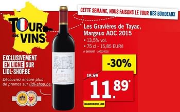 Promotions Les gravières de tayac, margaux aoc 2015 - Vins rouges - Valide de 16/07/2018 à 21/07/2018 chez Lidl