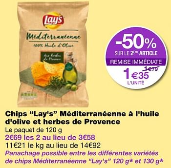 Promotions Chips lay`s méditerranéenne à l`huile d`olive et herbes de provence - Lay's - Valide de 06/07/2018 à 18/07/2018 chez MonoPrix