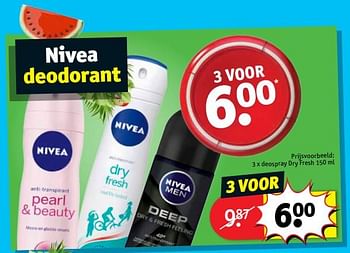 Promoties Nivea deospray dry fresh - Nivea - Geldig van 10/07/2018 tot 22/07/2018 bij Kruidvat