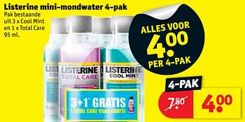 Promoties Listerine mini-mondwater 4-pak - Listerine - Geldig van 10/07/2018 tot 22/07/2018 bij Kruidvat