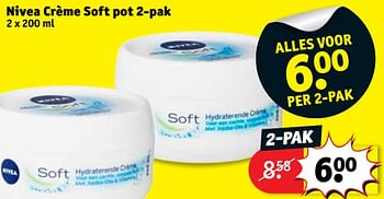 Promoties Nivea crème soft pot 2-pak - Nivea - Geldig van 10/07/2018 tot 22/07/2018 bij Kruidvat