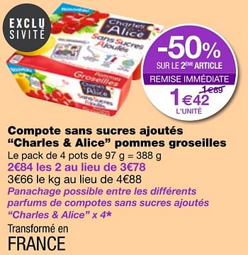 Promotions Compote sans sucres ajoutés charles + alice pommes groseilles - Charles & Alice  - Valide de 06/07/2018 à 18/07/2018 chez MonoPrix