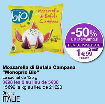 Promotions Mozzarella di bufala campana monoprix bio - Produit Maison - MonoPrix - Valide de 06/07/2018 à 18/07/2018 chez MonoPrix