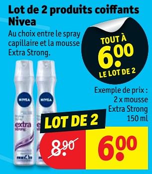 Promoties Lot de 2 produits coiffants nivea 2 x mousse extra strong - Nivea - Geldig van 10/07/2018 tot 22/07/2018 bij Kruidvat