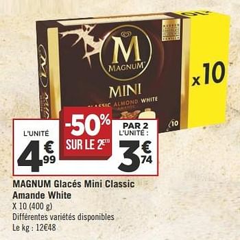 Promotions Magnum glacés mini classic amande white - Produit Maison - Géant Casino - Valide de 10/07/2018 à 22/07/2018 chez Géant Casino