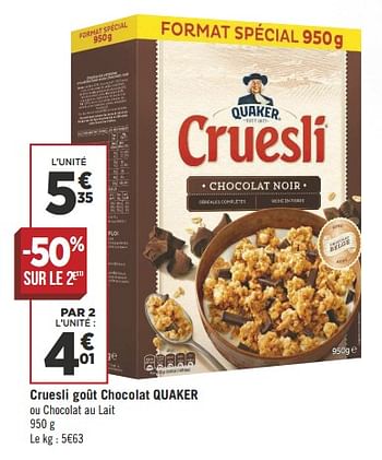 Promotions Cruesli goût chocolat quaker - Quaker - Valide de 10/07/2018 à 22/07/2018 chez Géant Casino