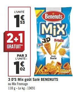 Promotions 3 d`s mix goût salé benenuts - Benenuts - Valide de 10/07/2018 à 22/07/2018 chez Géant Casino