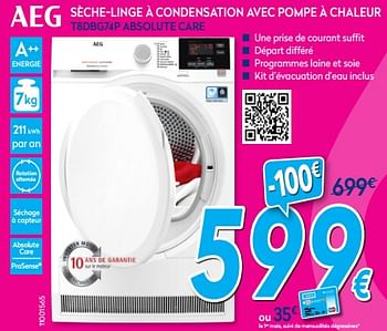 Promotions Aeg sèche-linge à condensation avec pompe à chaleur t8dbg74p - AEG - Valide de 16/07/2018 à 31/07/2018 chez Krefel
