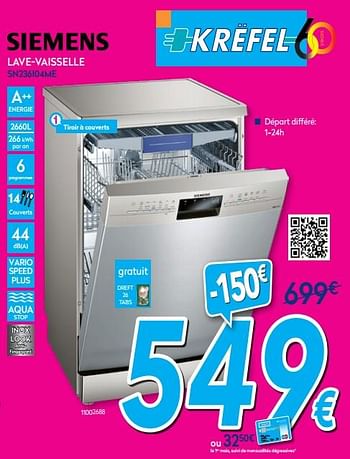 Promotions Siemens lave-vaisselle sn236i04me - Siemens - Valide de 16/07/2018 à 31/07/2018 chez Krefel