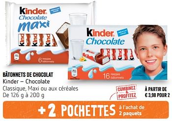 Promotions Bâtonnets de chocolat kinder - Kinder - Valide de 12/07/2018 à 18/07/2018 chez Delhaize