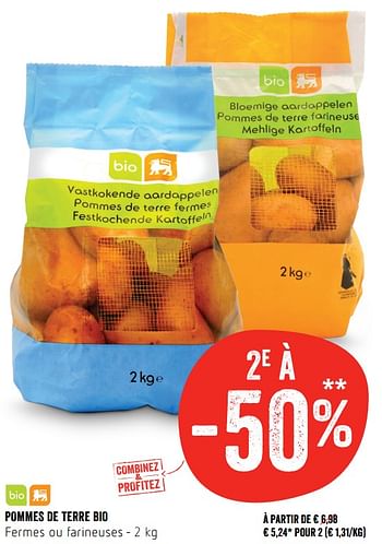 Promoties Pommes de terre bio fermes ou farineuses - Huismerk - Delhaize - Geldig van 12/07/2018 tot 18/07/2018 bij Delhaize