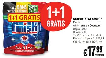 Promoties Tabs pour le lave-vaisselle finish - Finish - Geldig van 12/07/2018 tot 18/07/2018 bij Delhaize