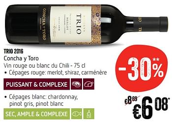 Promotions Trio 2016 concha y toro vin rouge ou blanc du chili - Vins rouges - Valide de 12/07/2018 à 18/07/2018 chez Delhaize