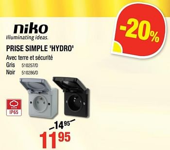 Promotions Prise simple `hydro` avec terre et sécurité - Niko - Valide de 12/07/2018 à 19/08/2018 chez HandyHome