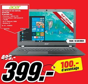 Promoties Acer aspire es1-523-42kp (nx. gkyeh.028) pc portable 15.6 - Acer - Geldig van 16/07/2018 tot 22/07/2018 bij Media Markt