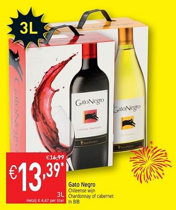 Promoties Gato negro chileense wijn chardonnay of cabernet bib - Rode wijnen - Geldig van 17/07/2018 tot 22/07/2018 bij Intermarche