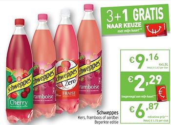 Promoties Schweppes kers, framboos of aardbei beperkte editie - Schweppes - Geldig van 17/07/2018 tot 22/07/2018 bij Intermarche