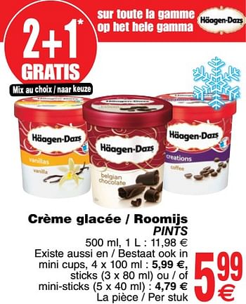 Promotions Crème glacée - roomijs pints - Haagen-Dazs - Valide de 17/07/2018 à 23/07/2018 chez Cora