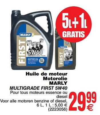 Promoties Huile de moteur motorolie marly multigrade first 5w40 - Marly - Geldig van 17/07/2018 tot 30/07/2018 bij Cora