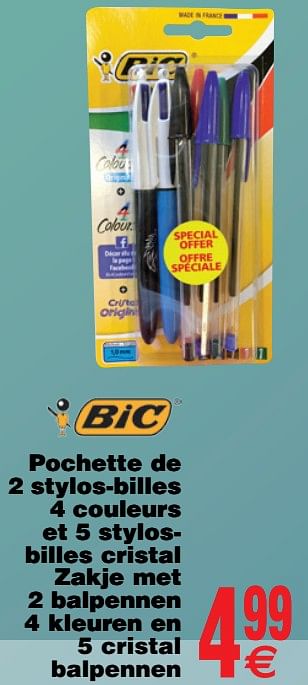 Promotions Pochette de 2 stylos-billes 4 couleurs et 5 stylosbilles cristal zakje met 2 balpennen 4 kleuren en 5 cristal balpennen - BIC - Valide de 17/07/2018 à 30/07/2018 chez Cora