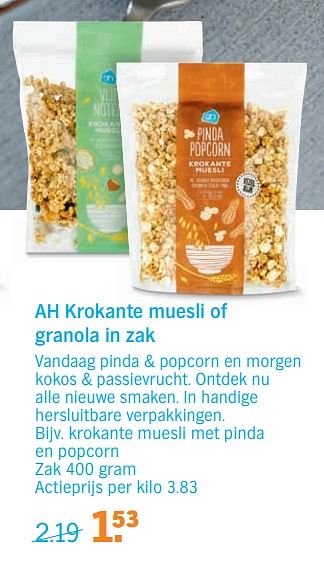 Promoties Krokante muesli met pinda en popcorn - Huismerk - Albert Heijn - Geldig van 16/07/2018 tot 22/07/2018 bij Albert Heijn