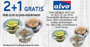 Promoties 2+1 gratis père olive olijven-assortiment - Pere olive - Geldig van 18/07/2018 tot 31/07/2018 bij Alvo