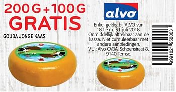 Promoties 200 g + 100 g gratis gouda jonge kaas - Huismerk - Alvo - Geldig van 18/07/2018 tot 31/07/2018 bij Alvo