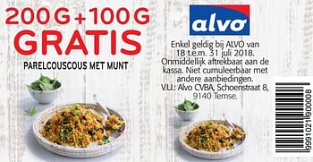 Promoties 200g+100g gratis parelcouscous met munt - Huismerk - Alvo - Geldig van 18/07/2018 tot 31/07/2018 bij Alvo