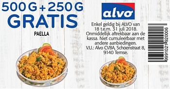 Promoties 500g+250g gratis paella - Huismerk - Alvo - Geldig van 18/07/2018 tot 31/07/2018 bij Alvo