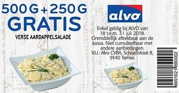 Promoties 500g+250g gratis verse aardappelsalade - Huismerk - Alvo - Geldig van 18/07/2018 tot 31/07/2018 bij Alvo