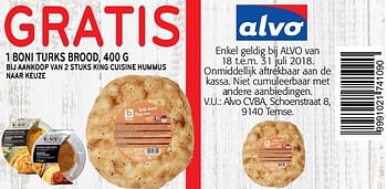 Promoties Gratis 1 boni turks brood, bij aankoop van 2 stuks king cuisine hummus naar keuze - King Cuisine - Geldig van 18/07/2018 tot 31/07/2018 bij Alvo