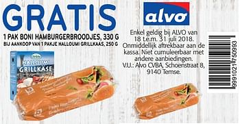 Promoties Gratis 1 pak boni hamburgerbroodjes bij aankoop van 1 pakje halloumi grillkaas - Christis - Geldig van 18/07/2018 tot 31/07/2018 bij Alvo