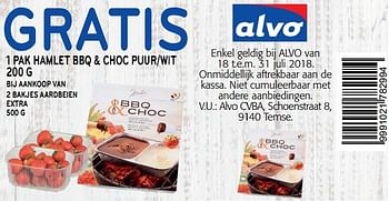 Promoties Gratis 1 pak hamlet bbq + choc puur-wit bij aankoop van 2 bakjes aardbeien extra - Huismerk - Alvo - Geldig van 18/07/2018 tot 31/07/2018 bij Alvo