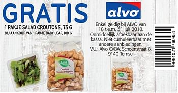 Promoties Gratis 1 pakje salad croutons, bij aankoop van 1 pakje baby leaf - Huismerk - Alvo - Geldig van 18/07/2018 tot 31/07/2018 bij Alvo