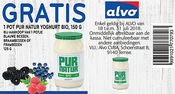 Promoties Gratis 1 pot pur natur yoghurt bio bij aankoop van 1 potje blauwe bessen, braambessen of frambozen - Huismerk - Alvo - Geldig van 18/07/2018 tot 31/07/2018 bij Alvo