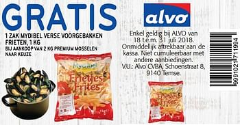 Promoties Gratis 1 zak mydibel verse voorgebakken frieten bij aankoop van 2 kg premium mosselen naar keuze - Mydibel - Geldig van 18/07/2018 tot 31/07/2018 bij Alvo