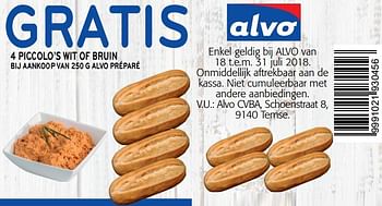 Promoties Gratis 4 piccolo`s wit of bruin bij aankoopvan alvo préparé - Huismerk - Alvo - Geldig van 18/07/2018 tot 31/07/2018 bij Alvo