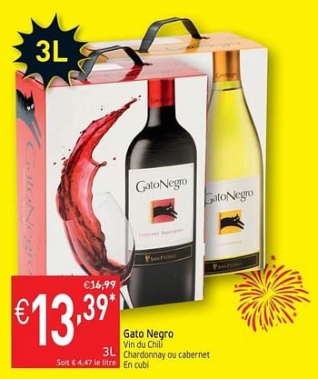 Promoties Gato negro vin du chili chardonnay ou cabernet - Rode wijnen - Geldig van 17/07/2018 tot 22/07/2018 bij Intermarche