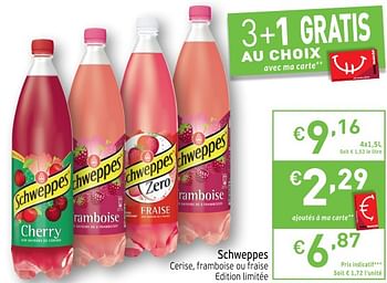 Promotions Schweppes cerise. framboise ou fraise edition limitée - Schweppes - Valide de 17/07/2018 à 22/07/2018 chez Intermarche