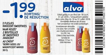 Promoties -1.99 de réduction 2 bouteilles de smoothies innocent au choix - Innocent - Geldig van 18/07/2018 tot 31/07/2018 bij Alvo