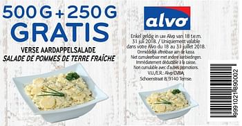 Promoties 500g+250g gratis verse aardappelsalade salade de pommes de terre fraîche - Huismerk - Alvo - Geldig van 18/07/2018 tot 31/07/2018 bij Alvo