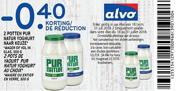 Promotions -0.40 de réduction 2 pots de yaourt pur natur yoghurt au choix - Pur Natur - Valide de 18/07/2018 à 31/07/2018 chez Alvo