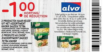 Promotions -1.00 de réduction 2 produits au choix* d`assortiment sauces tetra knorr - Knorr - Valide de 18/07/2018 à 31/07/2018 chez Alvo