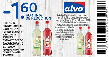 Promotions -1.60 de réduction 2 bouteilles de limo granini, 1 l au choix - Granini - Valide de 18/07/2018 à 31/07/2018 chez Alvo