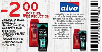 Promotions -2.00 de réduction 2 produits d`elseve au choix - Elseve - Valide de 18/07/2018 à 31/07/2018 chez Alvo