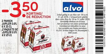 Promotions -3.50 de réduction 2 paquets de jupiler 0.0% - Jupiler - Valide de 18/07/2018 à 31/07/2018 chez Alvo